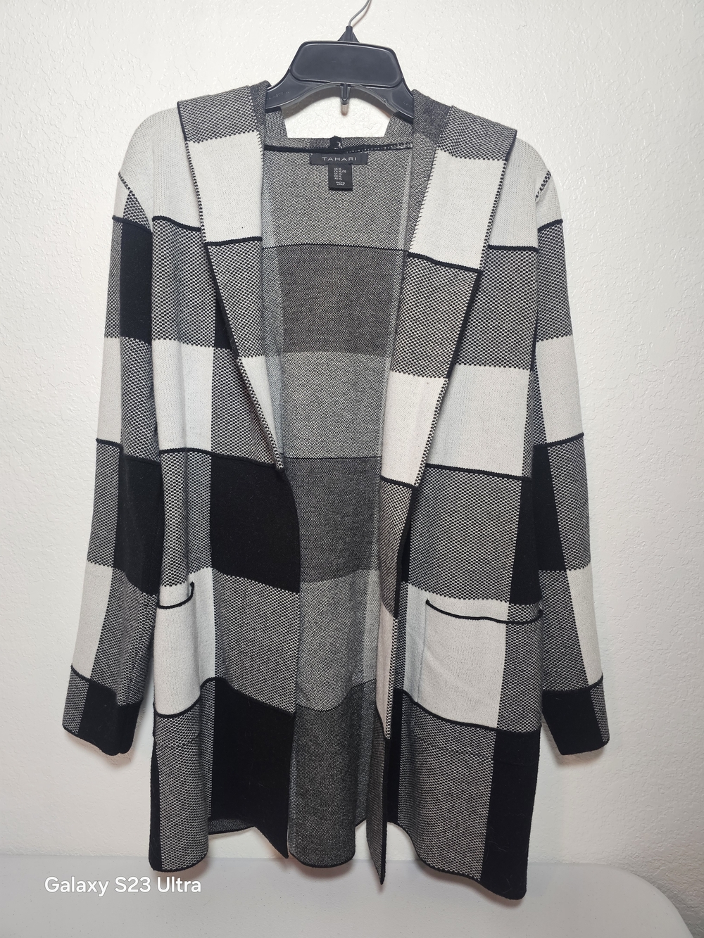Tahari Black and White Check Open-Front Cardigan
